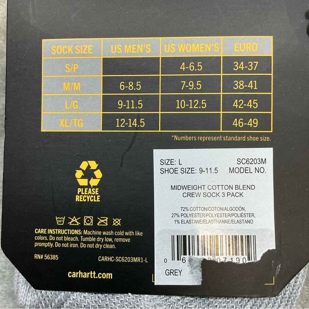 Carhartt Classic Midweight Cotton Blend Crew Sock 3pk Mens 9-11.5 ribbed durable - Picture 3 of 7